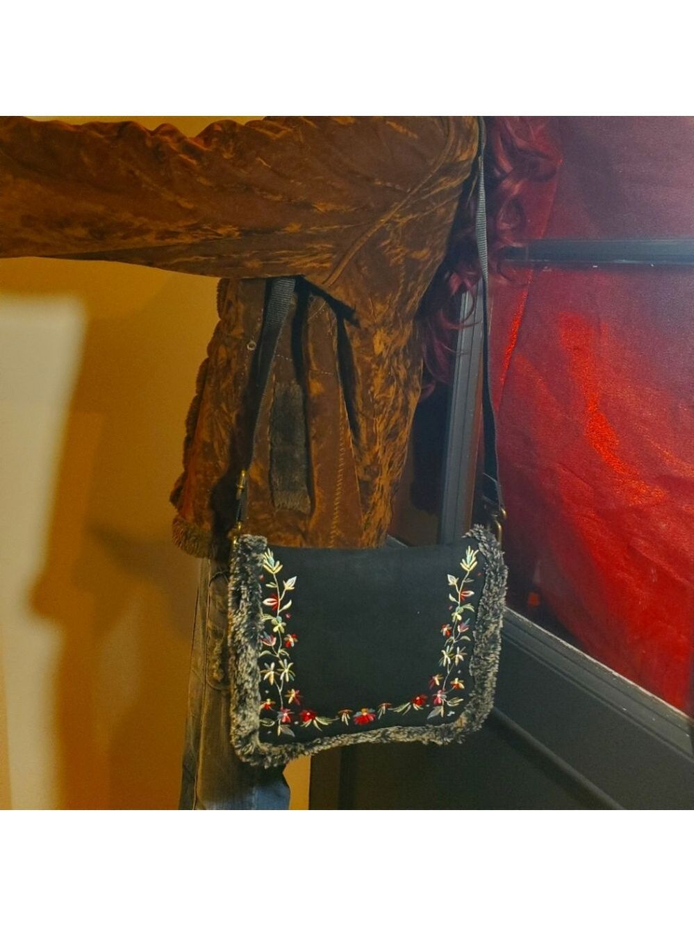 Old Navy Faux Fur Floral Embroidery Winter Crossbody Bag